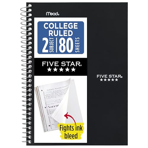 Five Star Spiral Notebook, 2 Subject, College Ruled Paper, 6" x 9-1/2", 80 Sheets, Fights Ink Bleed, Water Resistant Cover, Black (840029AA2-ECM) - color: Black, size: Pack of 1
