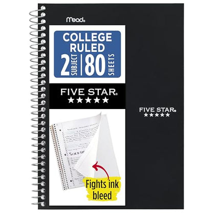 Five Star Spiral Notebook, 2 Subject, College Ruled Paper, 6" x 9-1/2", 80 Sheets, Fights Ink Bleed, Water Resistant Cover, Black (840029AA2-ECM) - color: Black, size: Pack of 1