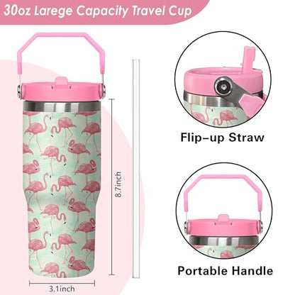 30 oz Flamingo Tumbler with Handle, Large Insulated Tumbler with Flip & Straw Coffee Mug Cup Stainless Steel Gifts for Women Men Youth - color: Flamingo
