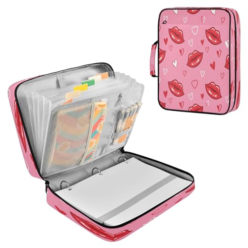 Expanding File Folder with 3 Ring Binder,Red Lips Zipper Binder Organizer Multiple Pockets Sheet Protector for School Office Home