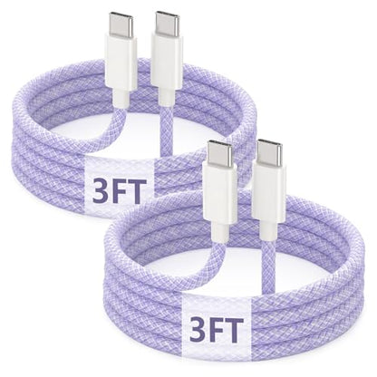 USB C to C Charger Cable, 60W, 3FT, 2-Pack, Purple | Fast Charging, Braided Nylon, for iPhone 17/16/15, MacBook iPad, Galaxy S25/S24 - color: Purple, size: 3FT+3FT
