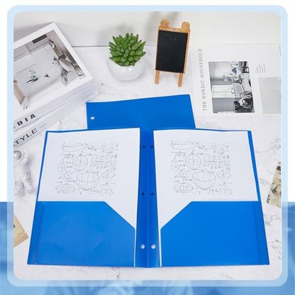 Yeaqee 72 Pcs Plastic Folders with Pockets Bulk 3 Hole Punched 2 Pocket File Folders for 3 Ring Binder Divider Folder for Notebooks, Durable Poly for Office Home (Blue) - color: Blue
