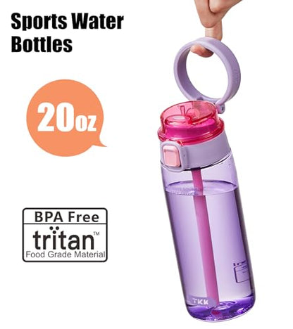TKK Sports Water Bottle with Straw & Build-in Carrying Handle, Spill-Proof 2-in 1 Lid, 20 oz Plastic Bottles, Dishwasher Safe, Leak-Proof Locking Lid for Kids, Outdoor, School Backpack, Purple - color: Purple