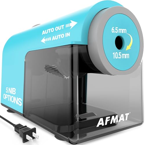 AFMAT Electric Pencil Sharpener, Fully Automatic Pencil Sharpener for 6.5-10.5mm No.2/Jumbo/Colored Pencils, Auto in & Out, 5 Sharpness Modes, 10000+ Sharpenings for Classroom Home Office, PSC5(120V) - color: Cyan