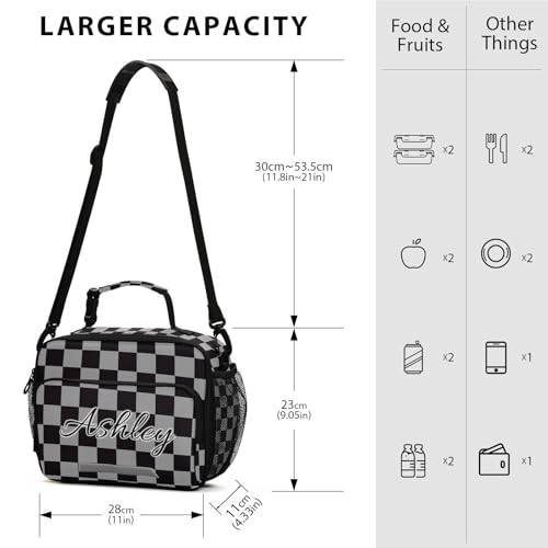 Custom Student Lunch Bag for Boys Girls Gray Black Checkered Personalized Lunch Box With Name Insulated Cooler Bag for School Picnic Travel - color: Multi19