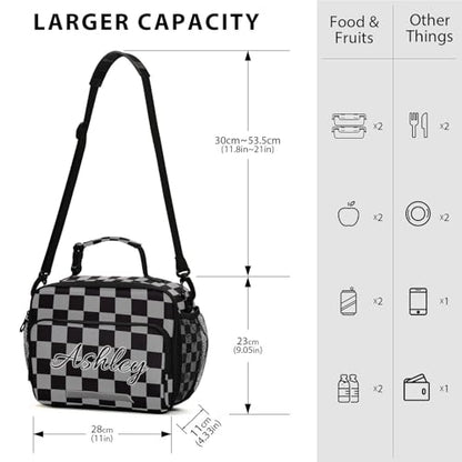Custom Student Lunch Bag for Boys Girls Gray Black Checkered Personalized Lunch Box With Name Insulated Cooler Bag for School Picnic Travel - color: Multi19
