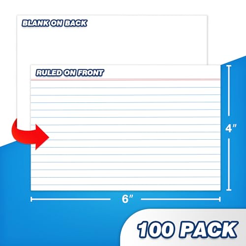 Chell Ruled Index Cards 4x6 Inch Heavyweight, 100 Count, Ruled Front and Blank Back, 65 lb. Cover Weight, White - color: White, size: 4"x6"