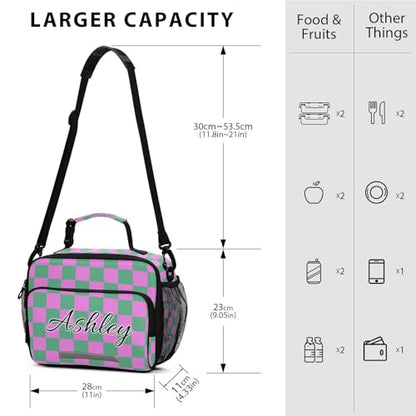 Custom Student Lunch Bag for Boys Girls Green Pink Checkered Personalized Lunch Box With Name Insulated Cooler Bag for School Picnic Travel - color: Multi15