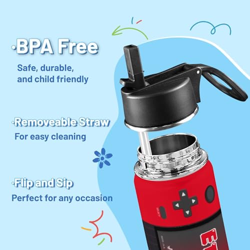 Personalized Game Water Bottle for Boys, Customized Kids Insulated Bottle with Name for Kids for School, Stainless Steel Thermo with Straw, 18oz - color: Game