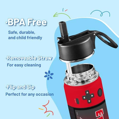 Personalized Game Water Bottle for Boys, Customized Kids Insulated Bottle with Name for Kids for School, Stainless Steel Thermo with Straw, 18oz - color: Game