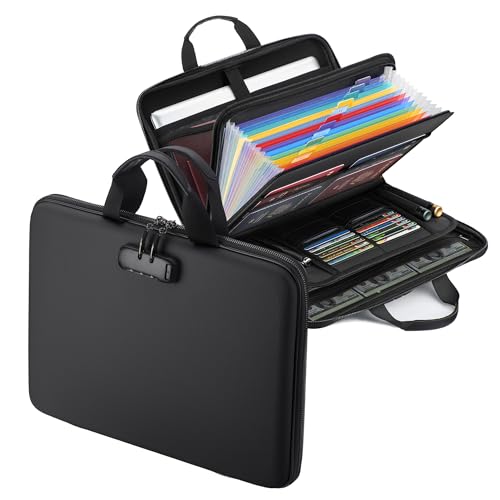 Fireproof Document Box with Lock, Hard-Shell Case Fireproof File Organizer with 13 Pocket Accordion File Folder, Portable Home Office Travel Safe Storage for Important Documents Laptop - color: Black