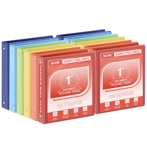 SUIN Basic 1-Inch 3-Ring-Binder, Customizable Clear View Cover, for US Letter Size 8-1/2 x 11'', Perfect for Office/School (Bright Colors -12 Pack) - color: Bright Colors -12 Pack