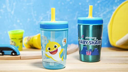 Zak Designs Baby Shark Kelso Tumbler Set, Leak-Proof Screw-On Lid with Straw, Bundle for Kids Includes Plastic and Stainless Steel Cups with Bonus Sipper (3pc Set, Non-BPA) - color: Baby Shark, size: 3 Piece Set (Pack of 1)