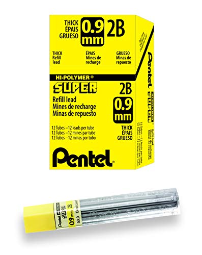 Pentel Super Hi-Polymer Lead Refill, (0.9mm) Thick, 2B, 180 Pieces of Lead, 12 Tubes of Lead (50-9-2B) - style: 2B Lead