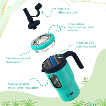 OISIZ 14oz Kids Tumbler with Straw Lid & Handle,Kids Cup with Animal Accessory for School,Kids Water Bottles with Dust-proof Cover,Leakproof Bottles,316 Stainless Steel,Keep Cold 24 Hours-dark green - color: grassland green