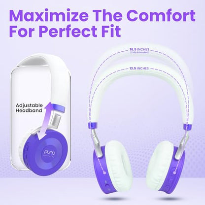 Puro Sound Labs JuniorJam Plus Volume-Limiting Wireless Bluetooth Headphones for Kids, Secure Audio with Adjustable On-Ear Design, 22-Hour Battery Life, Ideal for Tablets, Smartphones & PCs - Purple - color: Purple