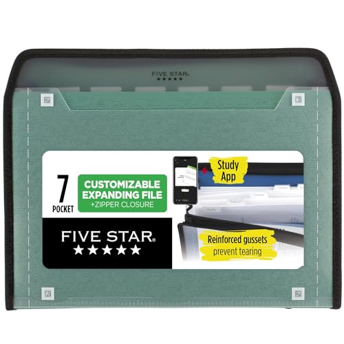 Five Star Expanding File Organizer + Study App, 7-Pocket Accordian File Organizer, Zipper Closure, Holds 11" x 8-1/2", Seaglass Green (350099C-ECM)