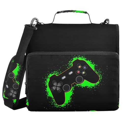 Green and Black Video Game Zipper Binder Bag 3 Ring with Handle Shoulder Strap, Binder File Organizer Bag Storage Case for School Work Office