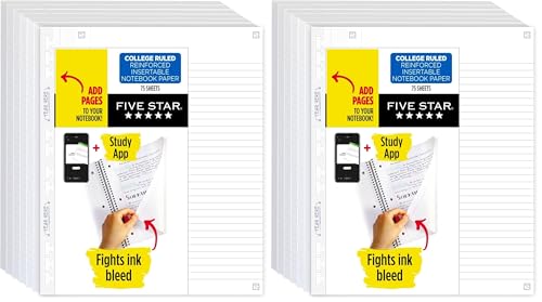 Five Star Insertable Loose Leaf Paper + Study App, Notebook Paper, College Ruled to Add Pages, Reinforced, 8.5 x 11, 75 Sheets per Pack (170015) (Pack of 12) - size: 12 Pack