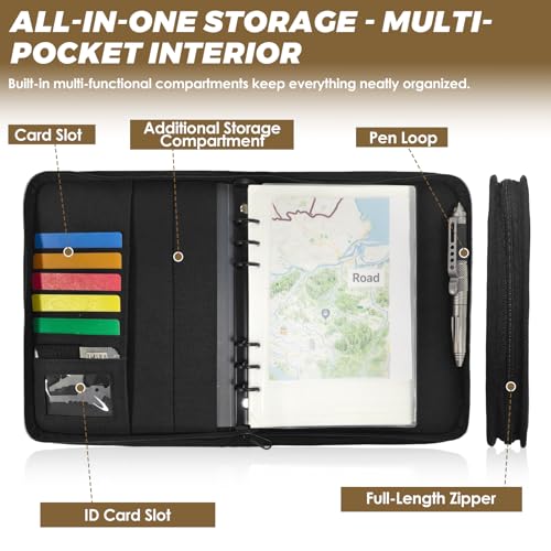 Tactical Notebook Cover, A5 Padfolio 6 Ring Binder with Big Back Pocket & Hand Strap, Zippered Hardcase Planner for Journal, College, Office, Field (Black, A5(7.3 x 10 inches)) - color: Black, size: A5