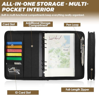 Tactical Notebook Cover, A5 Padfolio 6 Ring Binder with Big Back Pocket & Hand Strap, Zippered Hardcase Planner for Journal, College, Office, Field (Black, A5(7.3 x 10 inches)) - color: Black, size: A5