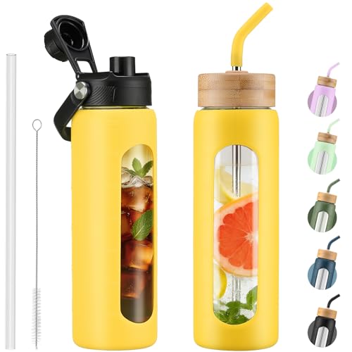Kodrine 24 oz Glass Water Bottle with Straw & Spout Lids, Motivational Time Marker, Borosilicate Glass Bottle with Silicone Sleeve, Leakproof, Wide Mouth, BPA-Free for Gym, Fitness & Travel-Yellow - color: Yellow, size: 24 Ounces