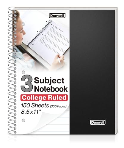 Dunwell 3-Subject Notebook College Ruled (Black), Spiral Notebook 8.5 x 11, Plastic Cover, 3 Pocket Dividers, 150 Sheets (300 Pages), 3-Hole Punched Perforated 8 1/2 x 11 Paper - color: Black