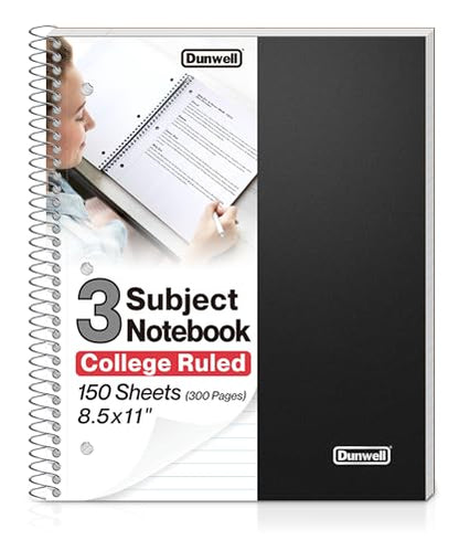 Dunwell 3-Subject Notebook College Ruled (Black), Spiral Notebook 8.5 x 11, Plastic Cover, 3 Pocket Dividers, 150 Sheets (300 Pages), 3-Hole Punched Perforated 8 1/2 x 11 Paper - color: Black