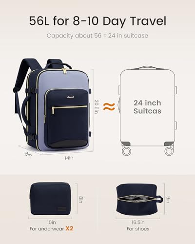 LOVEVOOK 56L Travel Backpack for Women & Men, Airline Approved Carry On Luggage with 3 Packing Cubes, TSA Overnight Bags, Waterproof Personal Item Bag, Weekender Essentials Backpacks fits 17" Laptop - color: Ink Blue-grey Blue-black, size: XX-Large