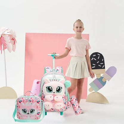 Meetbelify Rolling Backpack for Girls 3D Carton Backpack with Wheels for Elementary Student Kids Plush School Bag with Lunch Box Pencil Case for Girls Ages 6-8 Years Old Pink - color: Pink Fox