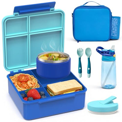 HOMEKOL Bento Lunch Box Set for Kids, Blue | with Stainless Steel Insulated Food Jar, Plastic Water Bottle, Bag and Silicone Spoon and Fork for Boys Girls - color: Blue