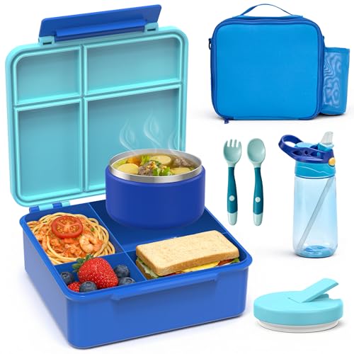 HOMEKOL Bento Lunch Box Set for Kids, Blue | with Stainless Steel Insulated Food Jar, Plastic Water Bottle, Bag and Silicone Spoon and Fork for Boys Girls - color: Blue