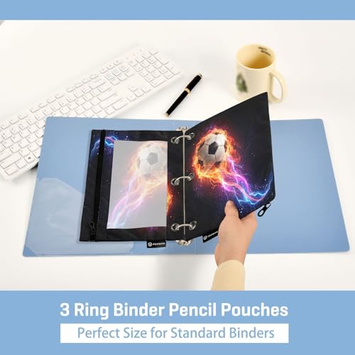 Soccer Ball Fire Pencil Pouch for 3 Ring Binder 2 Pcs Pockets Pencil Pouches Bag with Clear Pencil Case Cosmetic Bag for Office Daily School Supplies - color: Soccer Ball Fire