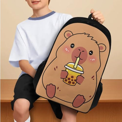 Cute Capybara Backpack Set with Lunch Box, Backpack for 2nd Grade Boys Girls Kids Back to School Back Pack Pencil Case and Water Bottle Holder 4 Piece Set for Kids Study - color: Cute Capybara