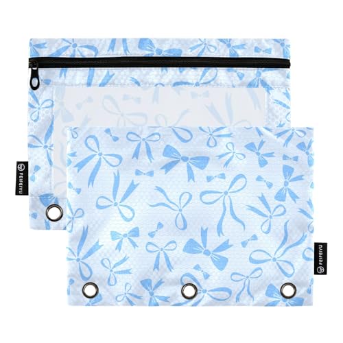 Blue Bow Ribbon Pencil Pouch for 3 Ring Binder 2 Pcs Binder Pouches with Zipper Pocket Pencil Case Bag with Clear Window for Office Work School Supplies - color: Blue Bow Ribbon