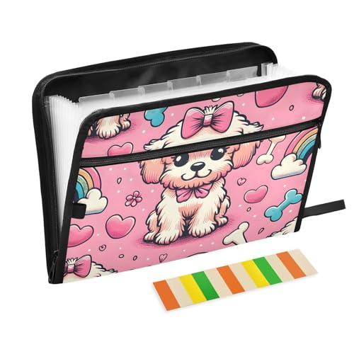 Expanding File Folder Pink Bow Dog Bone Rainbow Accordion File Organizer 13 Pockets Document Organizer with Zipper Labels A4 Letter Office Storage - color: Multi53