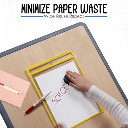 Essex Wares - 6 Pack, Yellow, Dry Erase Pocket Document Protectors, 10" Wide x 13.5" Tall - Dry Erase Clear Plastic Sleeves - Reusable & Easy Erase Plastic Invoice Holders, Water-Resistant & Durable - color: Yellow