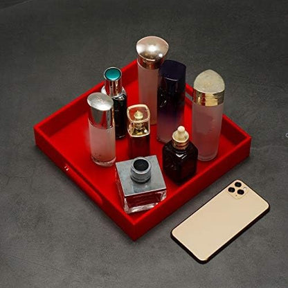Sturdy Red Acrylic Serving Tray with Handles - 12x12 Inch - Coffee & Appetizer Platter - Kitchen Counter & Vanity Organizer - color: Glossy Red, size: 12" x 12" x 2"