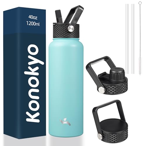 Konokyo 40 oz Insulated Stainless Steel Water Bottle with Straw Lid - color: Turquoise, size: 40 Ounces