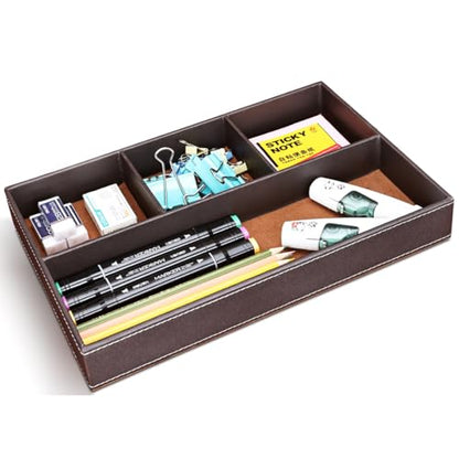 KINGFOM Pu Leather Desk Organizer Tray, 4 Compartment Office Storage Supplies Stationery Drawer Tray, Nightstand Bedside Tray for Key, Wallet, Watch, Coin, Phone Valet Tray Stackable - color: Brown