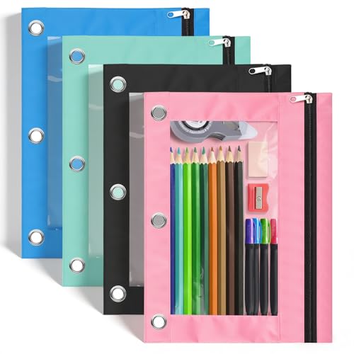 AZUREAL Pencil Pouch for 3 Ring Binder, 4 Pack Colorful Binder Pencil Pouch with Clear Window, Sturdy and Durable Oxford Cloth Binder Accessories for Office School Supplies