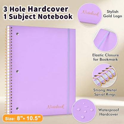 MUAHLIUB Spiral Notebook Wide Ruled Paper 8" x 10 1/2", 1 Subject Spiral Notebook, 3-Hole Punched Perforated Pages Ideal for School, Office, Writing, 95 Sheets Lined Journaling Notebook, Purple - color: Purple