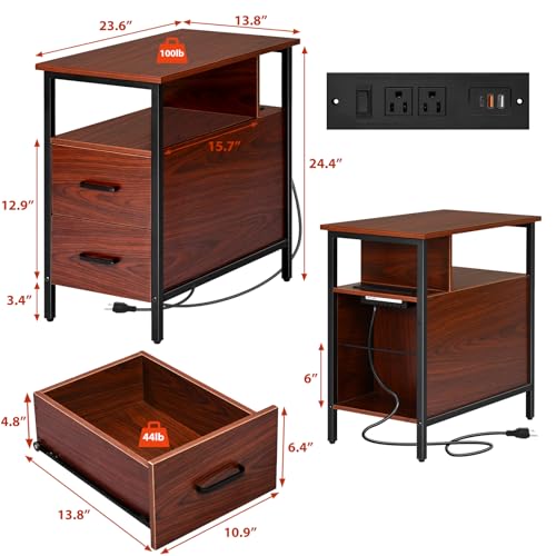 Livofloral Narrow Side Tables with Charging Station, Narrow End Table with Wooden Drawers, USB Ports and Power Outlets, Nightstand and Bedside Table for Bedroom, End Tables Living Room, Espresso - color: Espresso