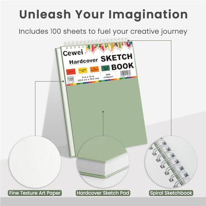 Cewei 9x12 Drawing Paper Pad, 100 Sheets, Spiral Bound Sketchbook, 68lb/100gsm White Drawing Paper for Kids Ages 4-8 & 9-12 - color: Sage Green, size: 9" x 12" (Pack of 1)