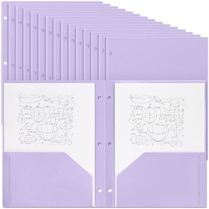 Yeaqee 50 Pcs Plastic Folders with Pockets Bulk 3 Hole Punched 2 Pocket File Folders for 3 Ring Binder Divider Folder for Notebooks, Durable Poly for Office Home (Light Purple) - color: Light Purple
