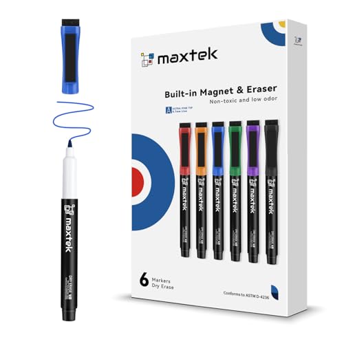 maxtek Magnetic Dry Erase Markers, 6 Colors | Ultra Fine Tip, 0.7mm Extra Fine Point, With Eraser, For Planning Whiteboard, Calendar Boards, Low Odor - style: 6 Count 6 Colors