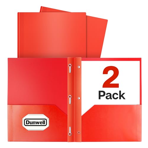 Dunwell Plastic 2-Pocket Folders with 3 Prongs, (2 Pack, Red), Durable Acid-Free Poly is Cleanable, Tear Resistant, 3-Clasp Document Holder, Labels Included - color: Red, size: 2 Pack