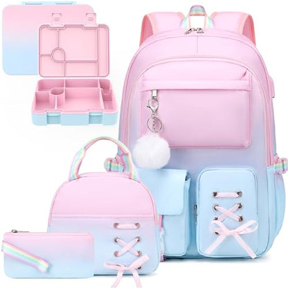Scothen Backpack for Girls with Bento Lunch Box Set, School Bag Bookbag for Teens Girls Kids Student, 43oz Lunch Containers Lunchbox, Insulated Lunch Bag & Pencial Case, Back to School Gifts - color: Pink Blue