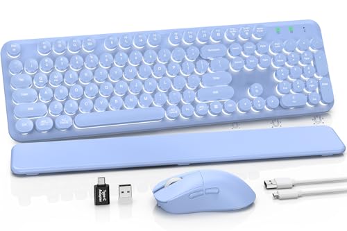 Wireless Keyboard and Mouse Combo, Backlit Round Keycaps, Retro Typewriter Keyboard with Detachable Wrist Rest, Rechargeable & Tilt Legs, 2.4GHz Cordless Connection for Windows/PC (Glowing Purple) - color: Glowing Purple