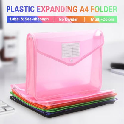 Tamaki Plastic Expanding File Folder, Fit Letter/A4 Size, Pink, 1 Pack | Transparent envelopes with Snap Closure, No Dividers, Large Capacity - color: Pink